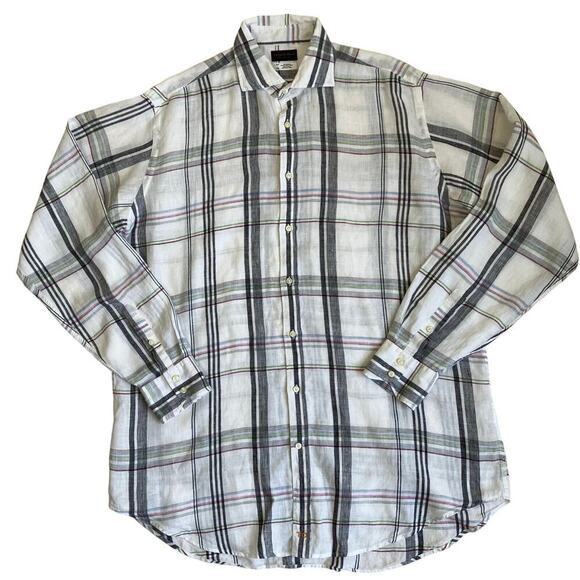Thomas Dean Mens XL Tall 100% Linen Plaid Button Down Shirt White Multi Casual - Picture 5 of 16